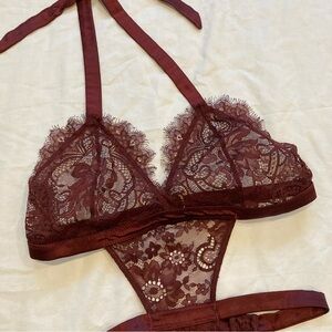 Mentionables Unlined Eyelash Lace Halter Cutout Teddy in Burgundy M